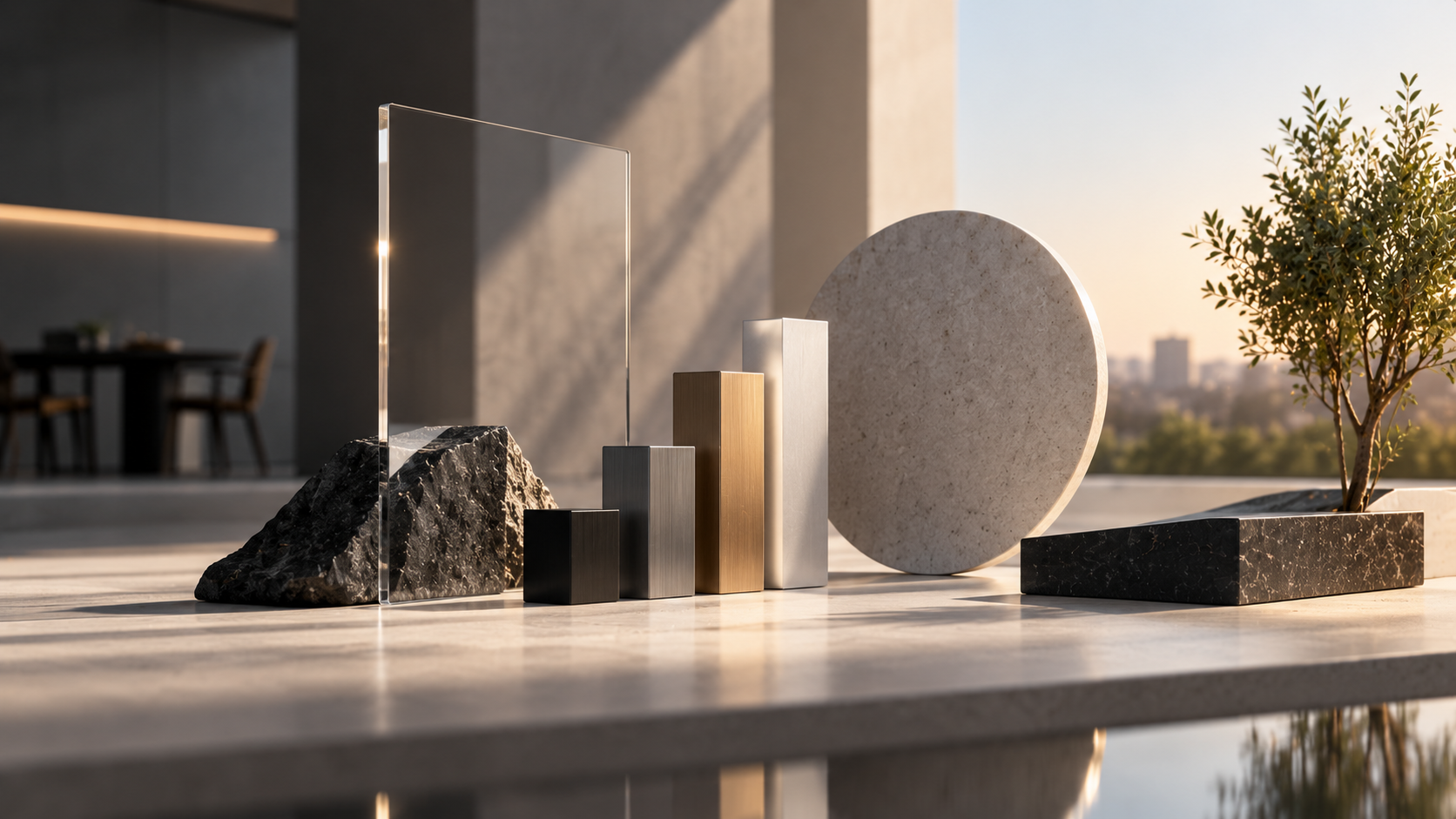Minimalist architectural still life with stone, glass, and metal — systems thinking
