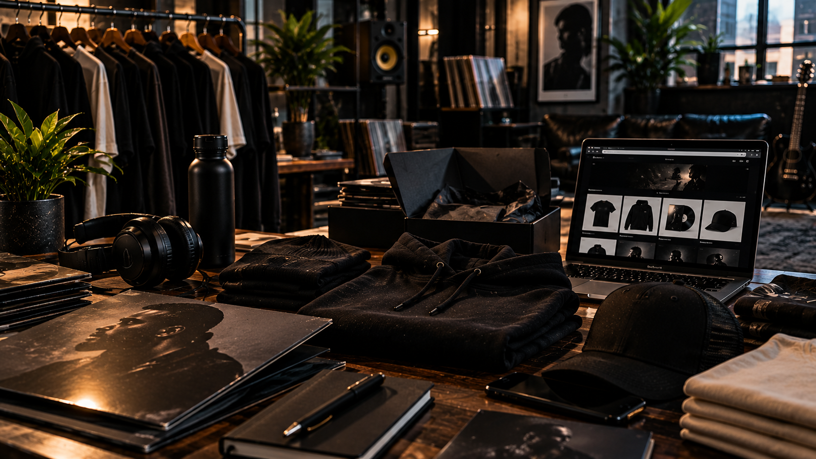 Premium artist merchandise and apparel in a studio setting